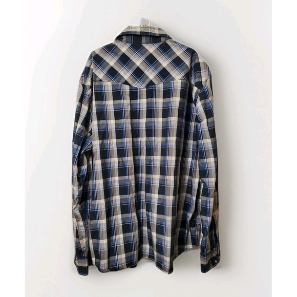 Lucky Brand Western Shirt  Pearl Snap Mens Extra Large Black White Blue Plaid - Picture 7 of 7